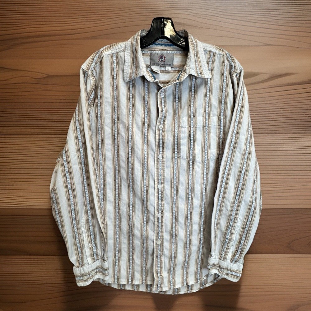 The Territory Ahead Shirt Mens Large Cream Ivory Striped Button Up Longsleeve Md